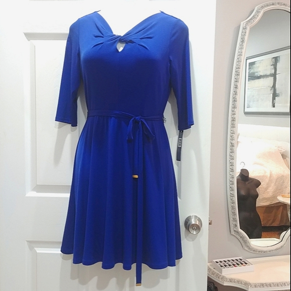 NWT Tahari royal blue Jersey 3/4 Sleeve V-neck for Work or Dance dress sz 6P